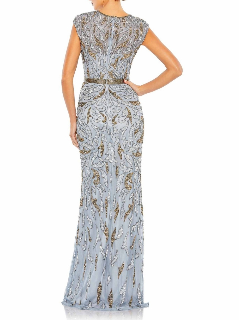 New Mac Duggal Silver-Gray Sequin Embellished Evening Gown with Gold Accents 10 - Picture 4 of 13